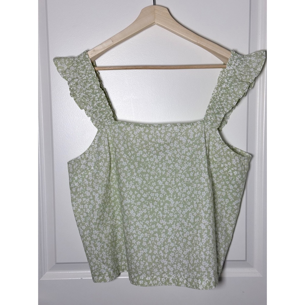 J.Crew Women's XL Sage Green Ditsy Floral Ruffle Strap Square Neck Cotton Top